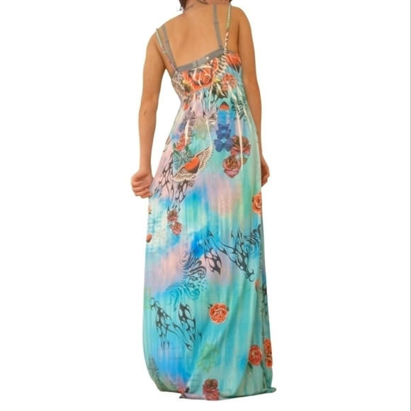 Vegas Royalty Blue Pink Roses Gothic Maxi Dress S-M - Picture 5 of 8
